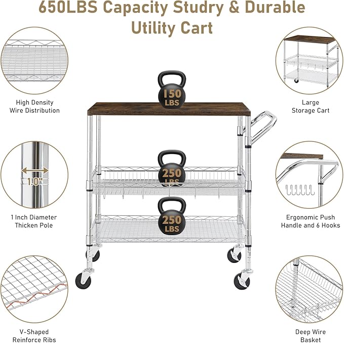Rolling Kitchen Carts on Wheels With Storage,650Lbs Heavy Duty Metal Cart with Wheels,3 Tier Rolling Cart with Wooden Top,NSF Utility Cart with Handle for Food Cart Serving Carts,30.3"L*31.9"H*18.1"W