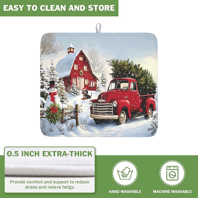 Giwawa Red Truck Dish Drying Mat Winter Xmas Tree Drainer Rack Pad 16"x18" - Image 5