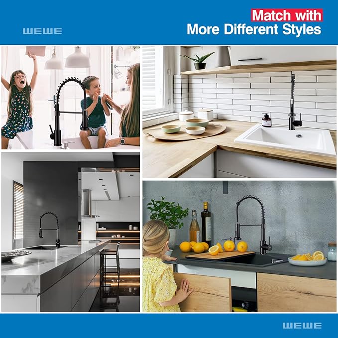 WEWE High Arc Pull-Out Kitchen Faucet, 2-Mode Sprayer, Matte Black | 17-Inch - Image 5