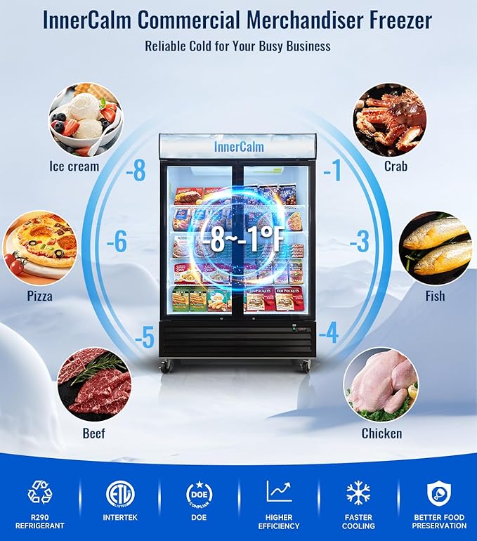 54" Commercial Merchandiser Freezer, 45.4 Cu.ft Commercial Display Freezer with 2 Glass Door, ETL Certified, -8 to -1℉, Auto Defrost, Interior LED Light, Good Choice for Supermarkets, Cafes, Stores