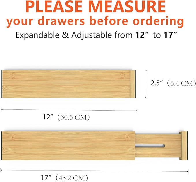 4 Pack Bamboo Drawer Dividers 2.6" High, Adjustable from 12 Inch to 17 Inch | - Image 3