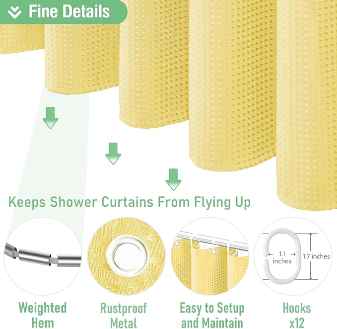 Dynamene Long Waffle Shower Curtain 256 GSM Heavy Fabric 72x78 Yellow - Image 5