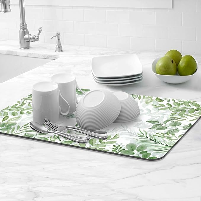 LOKHOM 12"x20" Dish Drying Mat， Green Plant Coffee Mat | Floral Butterfly Prints - Image 9