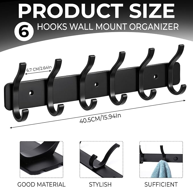 Wall Mount Coat Rack 1 Pack, Smooth Hook Edges, Screw Installation, Double - Image 2