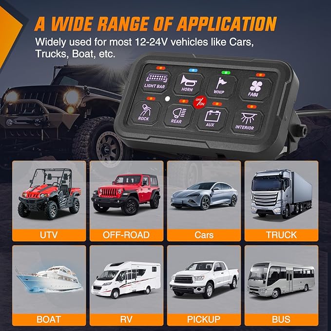 Nilight 8 Gang Switch Panel Circuit Control Relay System APP RGB Backlight Fuse Wiring Harness Automatic Dimmable ON Off LED Switches Pod for 12V 24V Cars Trucks Campers SUV