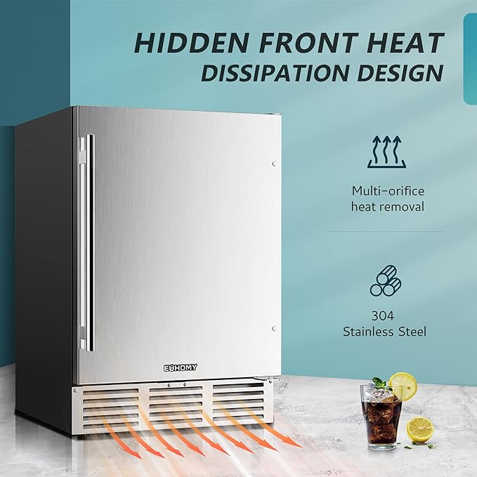 EUHOMY 24 Inch Beverage Refrigerator, Undercounter Beverage Fridge 180 Can with Stainless Steel Door for Home Patio, Beverage Cooler Built-in or Freestanding, outdoor refrigerator for Soda Beer Wine