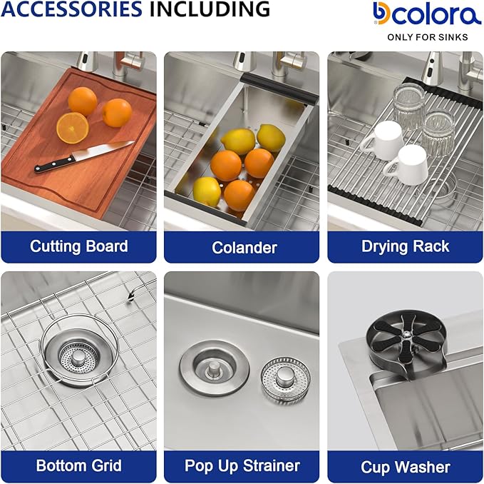 Dcolora 36 In. Workstation Kitchen Sink with Cup Washer, Drop In Luxury Extra Large Single Bowl for Big Kitchen, 304 Stainless Steel Heavy Duty 16 Gauge, 5 In 1 Valued Accessories #DC-TW258008S