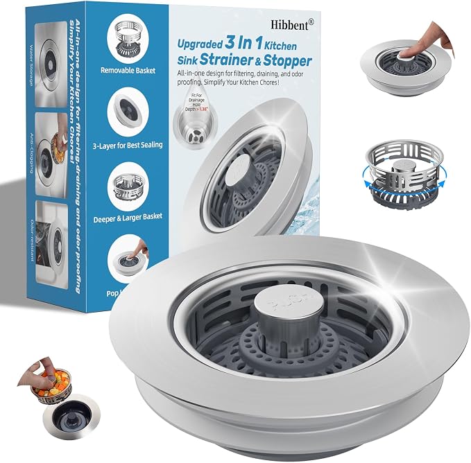 Hibbent 3 in 1 Kitchen Sink Drain Strainer, Metal Pop Up Stopper by Hibbent