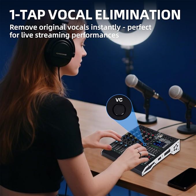 DT-4 Professional 4 Channe Audio Mixer，DJ Controller Sound Board Mixing with 99 DSP Effects,5-Band EQ/4 XLR interfaces and USB for Live Streaming & Recording，48V Phantom Power & Vocal Removal
