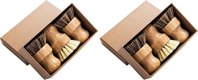 Palm Pot Brush- Bamboo Round 6 Packs Mini Dish Brush Natural Scrub Brush by GREENTHPRO