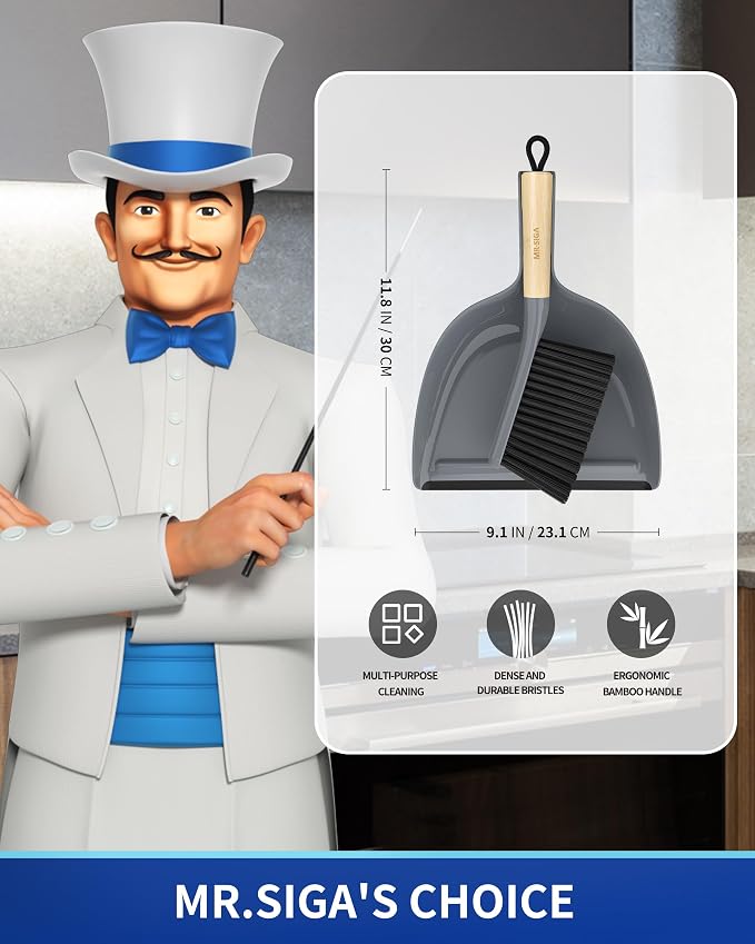 MR.SIGA Dustpan and Brush Set, Bamboo Handle, 1 Set | Handheld brush and - Image 2
