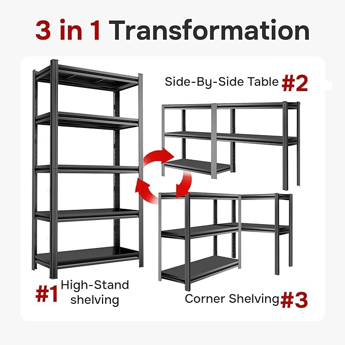 72''H x 40''W Metal Garage Shelving Unit, 5-Tier Garage Storage Shelves Heavy Duty, Adjustable Upgraded Reinforced Double-Layer Columns for Basement, Garage, Pantry Rack, 18''D, Black