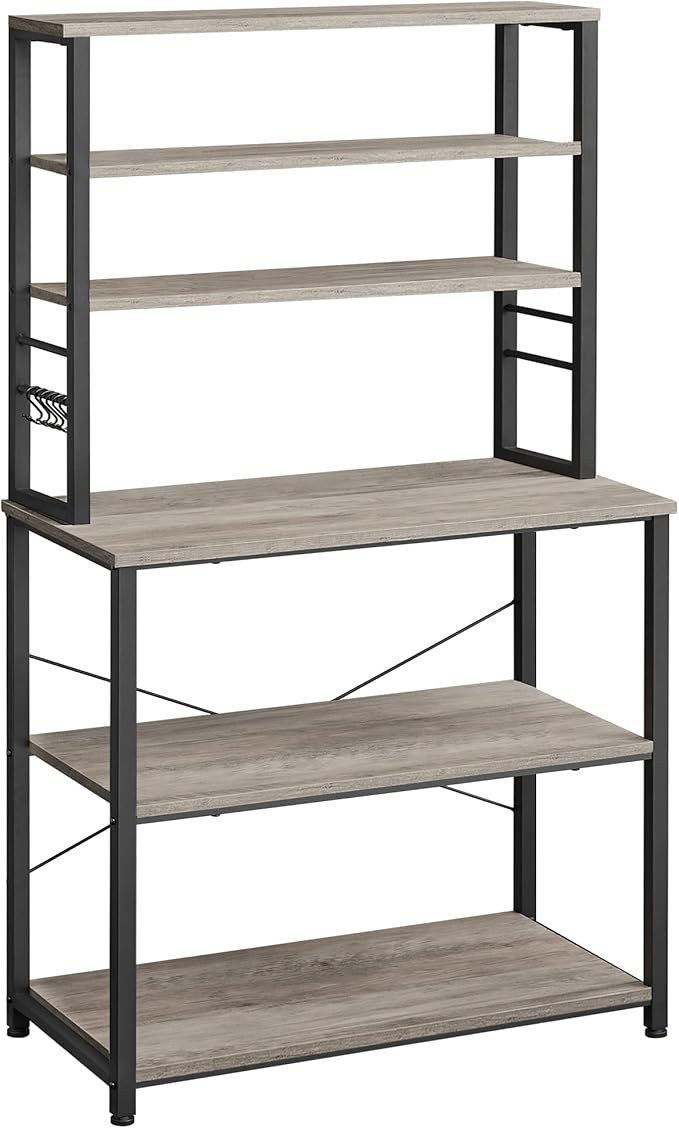 VASAGLE Coffee Bar, 31.5 Inches Baker's Rack for Kitchen with Storage, 6-Tier Kitchen Shelves with 6 Hooks, Microwave Stand, Industrial, Heather Greige and Ink Black UKKS019B02