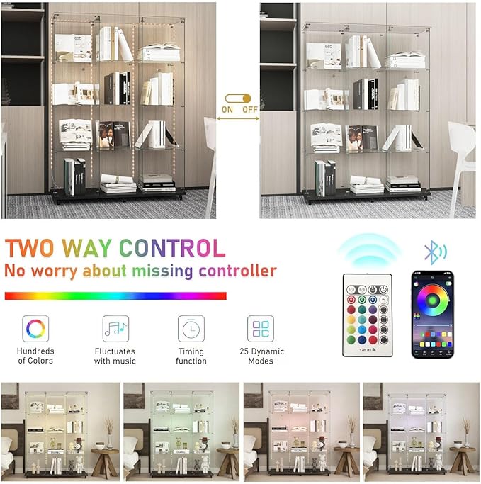 Yoluckea 4 Tiers Glass Display Cabinet Extra Large with Bluetooth LED Light Strip, 2 Doors Floor Standing Curio Cabinet with Universal Wheel for Home, Black Glass Bookshelf for Collections, Clear Top