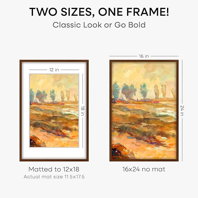 Homeforia Walnut Picture Frame 16x24, High End Dark Oak 16x24 Brown Wooden Frames with Mat 12x18, 16 x 24 Wood Poster Frame Matted to 12 by 18, 24x16 Hanging Frames, Tempered Glass, Wall Kit, Set of 2