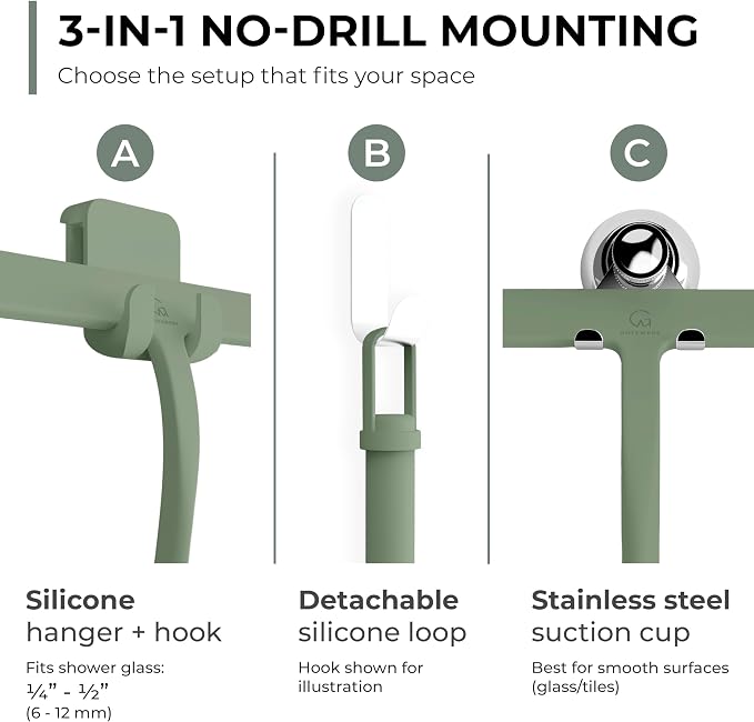 Silicone Shower Squeegee with 3-in-1 No-Drill Mount, Streak-Free & No-Squeak - Image 3