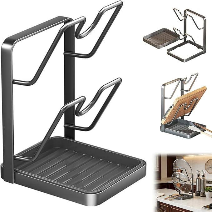 2Pack Kitchen Pot Lid Storage Rack, Space-Saving Kitchen Pot Cover Organizer Stand, Pot-Lid Cutting Board Holder With Removable Drip Tray (Double-layer)