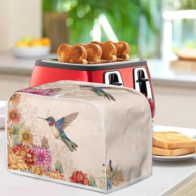 Hummingbird Boho Flower Print Toaster 4 Slice Cover Universal Size Kitchen Appliance Bread Maker Cover Kitchen Home Decor