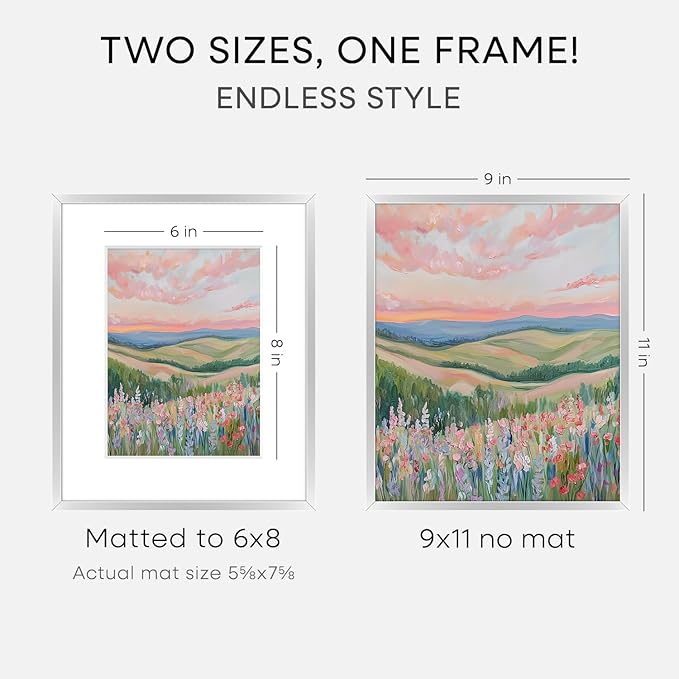 Homeforia 9x11 Picture Frame Silver, High End Metal 9 x 11 Frames with Mat 6 by 8 inch Photo, 9by11 Poster Frame Matted to 6x8 in Print, 11x9 Wall or Tabletop Frame, Tempered Glass, Wall Kit, Set of 2