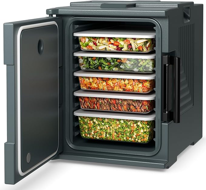 COSTWAY Insulated Food Pan Carrier, 95 Qt Hot Box Catering for 6 Full-Size Pan, Stackable Design, Fastener, Portable Front-Loading Food Warmer for Family Gathering, Buffets, Restaurant, Grey (1)