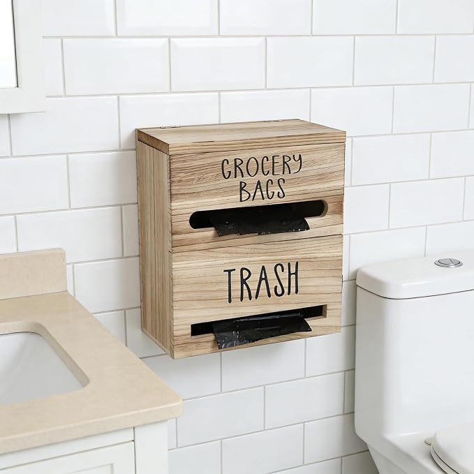 2 in 1 Trash Bag Dispenser, Double Wall Mounted, Wood Trash Bag Holder - Image 7