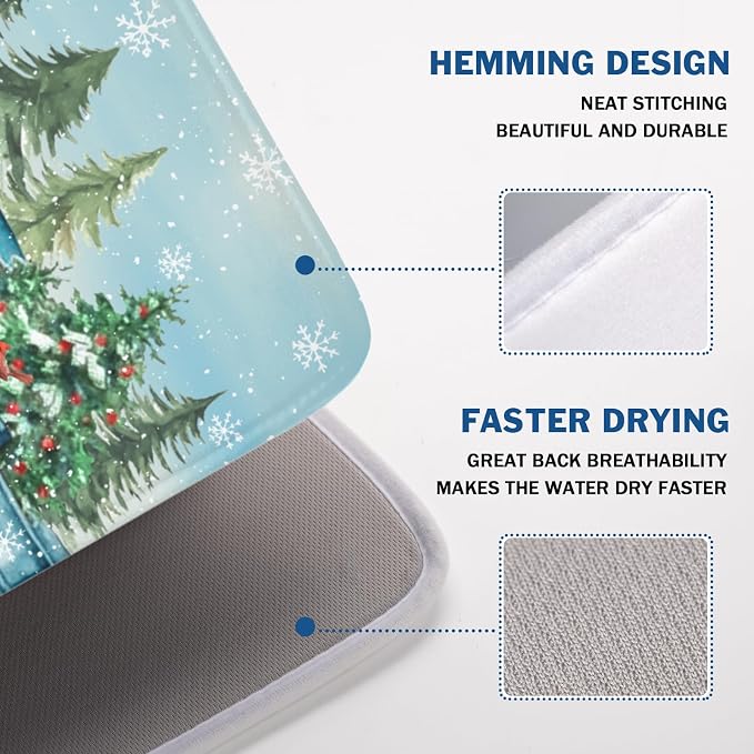 Giwawa Winter Snowman Blue Dish Drying Mat Xmas Truck Dishes Pad 18"x24" - Image 4