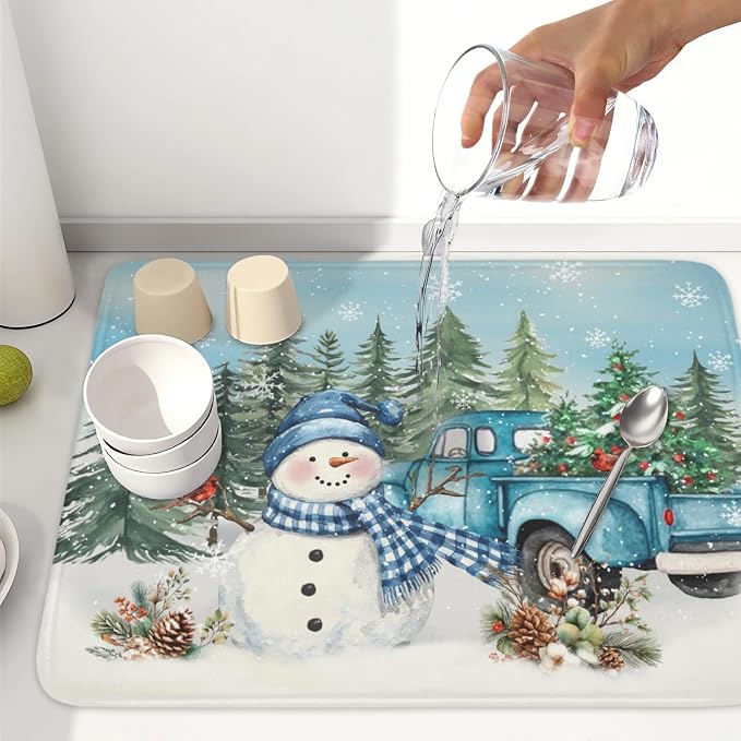 Giwawa Winter Snowman Blue Dish Drying Mat Xmas Truck Dishes Pad 18"x24" - Image 6