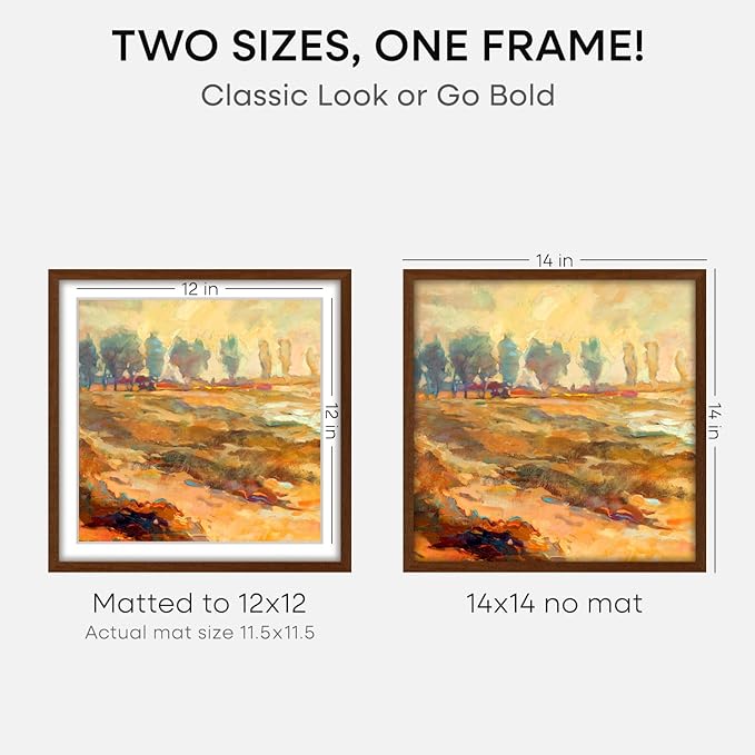 Homeforia 14x14 Picture Frame Brown, High End Dark Oak 14 x 14 Square Wood Frame with Mat 12 x 12 for Photo, 14by14 Wooden Walnut Poster Frame Matted to 12x12 Print, Tempered Glass, Wall Kit, Set of 3