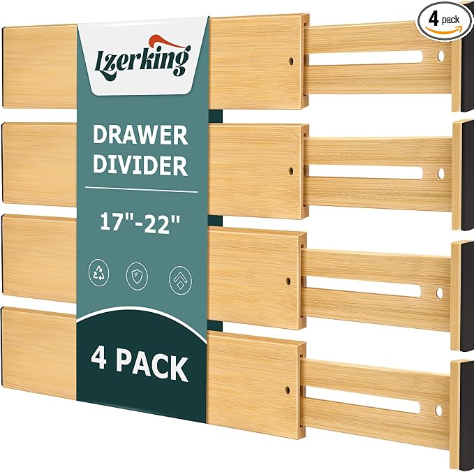 Kitchen Drawer Dividers 4 Pack Adjustable Bamboo Drawer Organizer | 17-22" by Lzerking