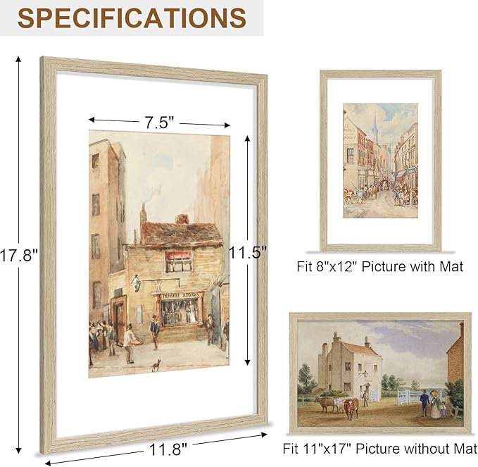 Vittanly 11x17 Picture Frame, Solid Wood Frame with Plexiglass, Includes 8x12 Mat, Wall Hanging for Photos, Home Decor, Light OAK, 1 Pack