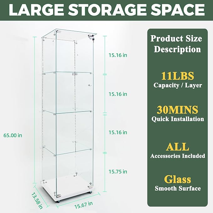 Glass Display Cabinet with LED Light Strip, 4 Shelves with 1 Door, Glass Top Curio Storage Cabinets with Lock & Caster for Living Room, Floor Standing Bookshelf,Quick Installation - White