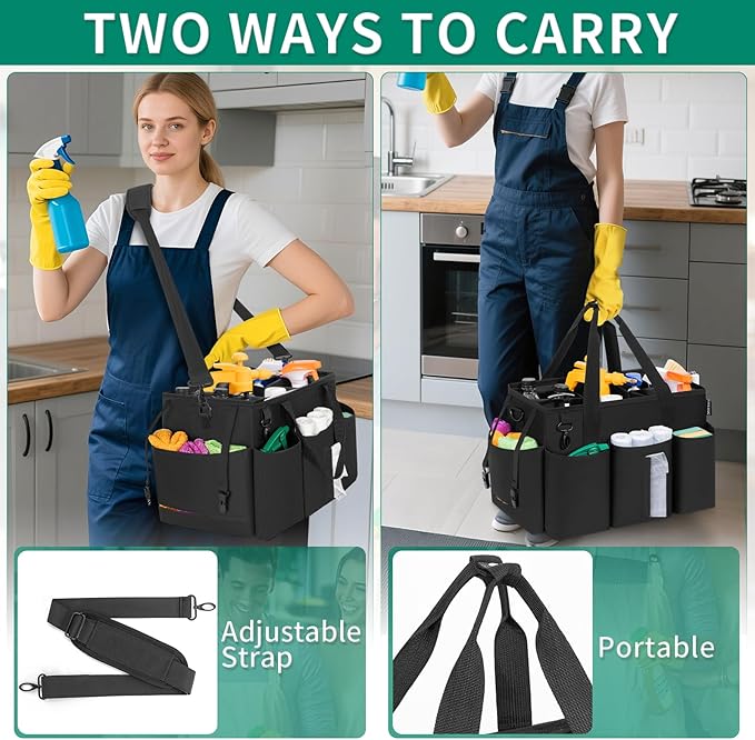 Wearable Cleaning Caddy Bag for Cleaning Supplies, Large Capacity Cleaning Organizer Tote Bag Simple Kitchen Cleaning Supplies Storage Bag for Cleaners Housekeepers (Black)