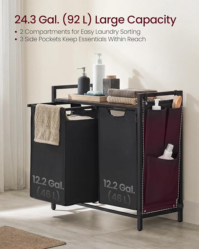 VASAGLE Laundry Hamper with Shelf, 2 Pull-Out Bags, 2 x 12.1 Gallons - Image 3