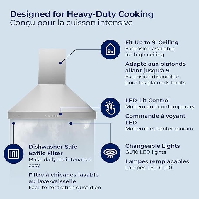 Hauslane Wall Mount Range Hood 36 Inch, Pro Model, Stainless Steel Range Hood, Strong Suction, Changeable LED Lamps, 6” Duct or Ductless, Kitchen Hood Vent, Stove Hood Vent