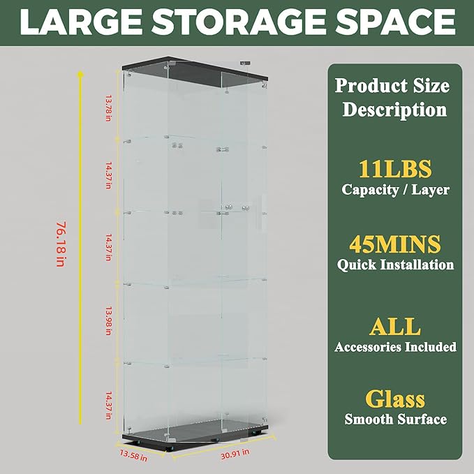 Glass Display Cabinet with LED Light Strip, 5 Shelves with 2 Doors, Curio Storage Cabinets with Lock & Caster for Living Room, Office, Floor Standing Glass Bookshelf, Quick Installation - Black