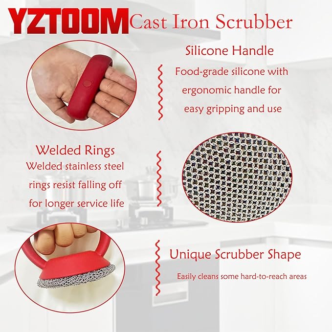 Cast Iron Scrubber, Iron Chainmail Scrubber Skillet Cleaner with Silicone Handle, Stainless Steel Chain Mail Scrubber for Cast Iron Skillets