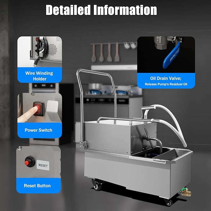 Mobile Fryer Filter Machine, 55 L /14.5 Gal Commercial Oil Filler Cart Truck Separator with Filter Papers, 550W Stainless Steel Cooking Oil Filtration System for Supermarket, Restaurant