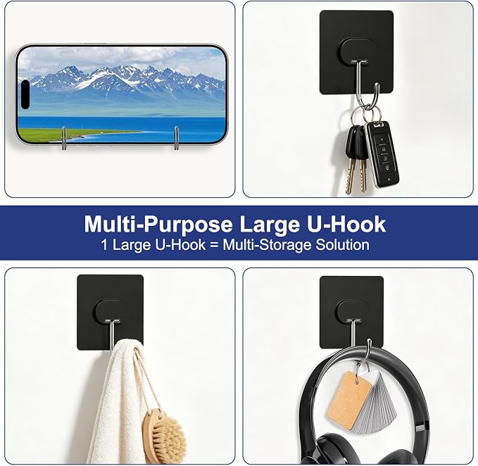 Adhesive Wall Hooks No Drill Large Black Heavy Duty, 13LB Sticky 12 Pack | - Image 4