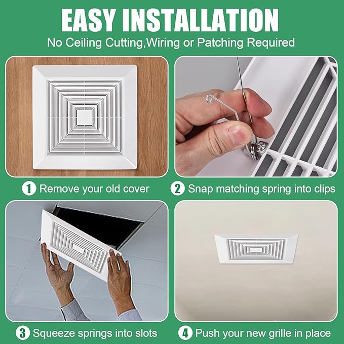 ( 4Piece 9" x 9"Inch Bathroom Exhaust Fan Cover with Spring, Square Ceiling or Wall Mounted Exhaust Fan, Ceiling Fan, Grille, Air Diffuser, Diverter Ventilation Hood, Replacement Accessories