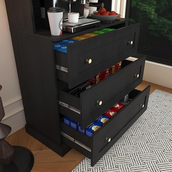 71" Tall Farmhouse Kitchen Pantry, Large Storage Cabinet with Glass Doors and Drawers, Freestanding Coffee Bar Hutch with Microwave Stand, Adjustable Shelves for Kitchen, Living Room, Black 2 Pcs