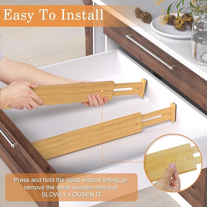 Bamboo Drawer Dividers, Adjustable Drawer Organizers, Fits 17.6–21" Drawers | - Image 6
