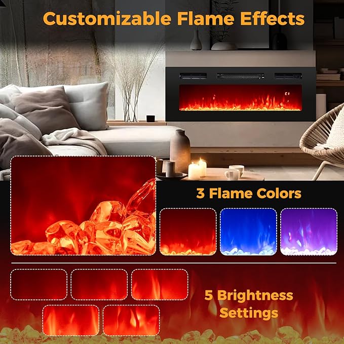 Tangkula 36 Inches Electric Fireplace, 5,000 BTU Fireplace Insert with LED Light Strips, Remote, Crystal Stones & Adjustable Flame Effect, 1-8H Timer, Thermostat & Overheat Protection