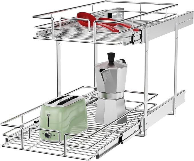 ROOMTEC Individual Pull Out Cabinet Organizer (11" W x 21" D), 2 Tier Spice Rack Organizer for Cabinet, Slide Out Drawer Pantry Shelf Organization and Storage for Kitchen Bathroom