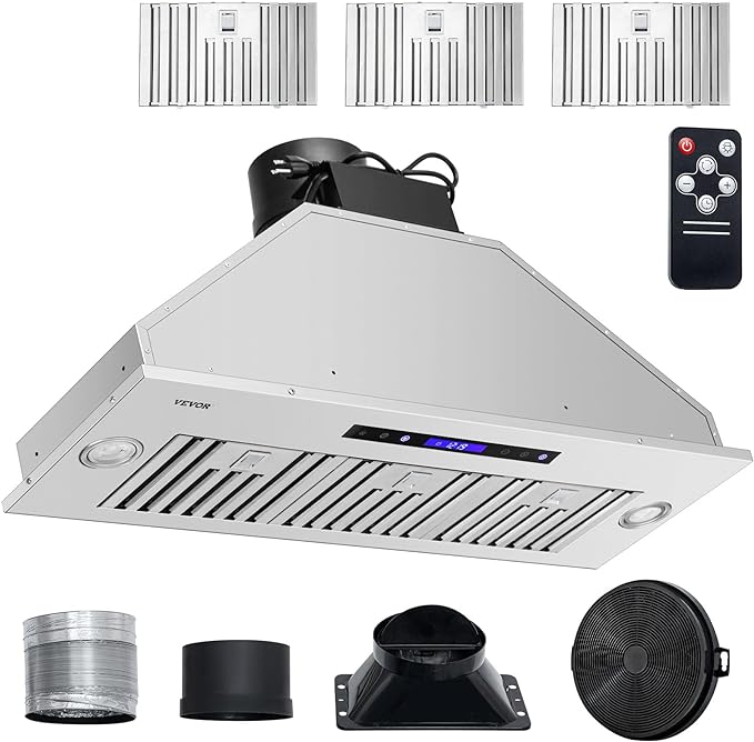 VEVOR Insert Range Hood, 900CFM 4-Speed, 36 Inch Stainless Steel Built-in Kitchen Vent with Touch & Remote Control LED Lights Baffle Filters, Ducted/Ductless Convertible, ETL Listed…