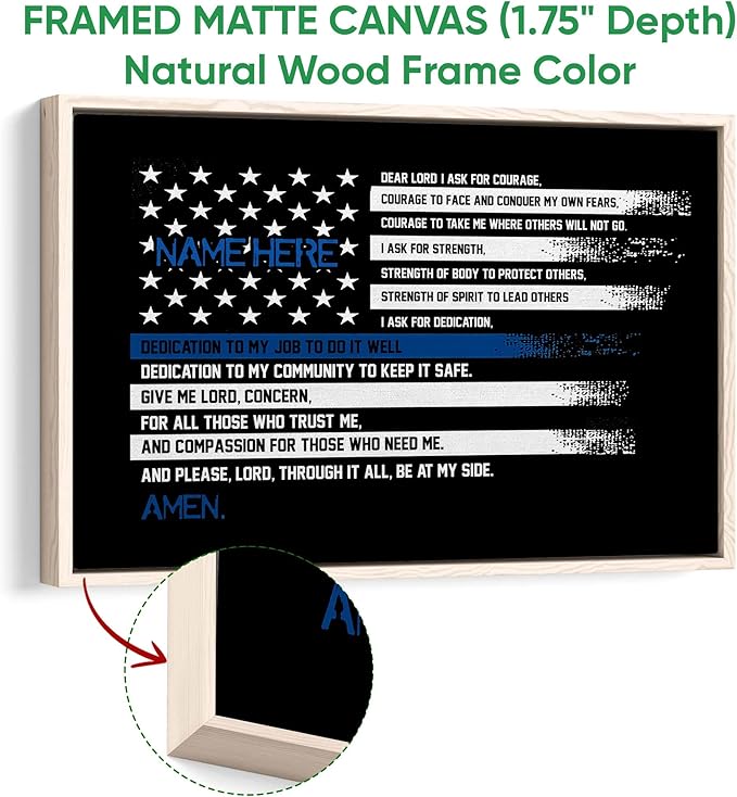 Personalized Police Poster & Framed Canvas, Police Officer Prayer Thin Blue Line Home Office Decor, Custom Name Bedroom Living Room Aesthetic Wall Art Gift For Men, Women, Son
