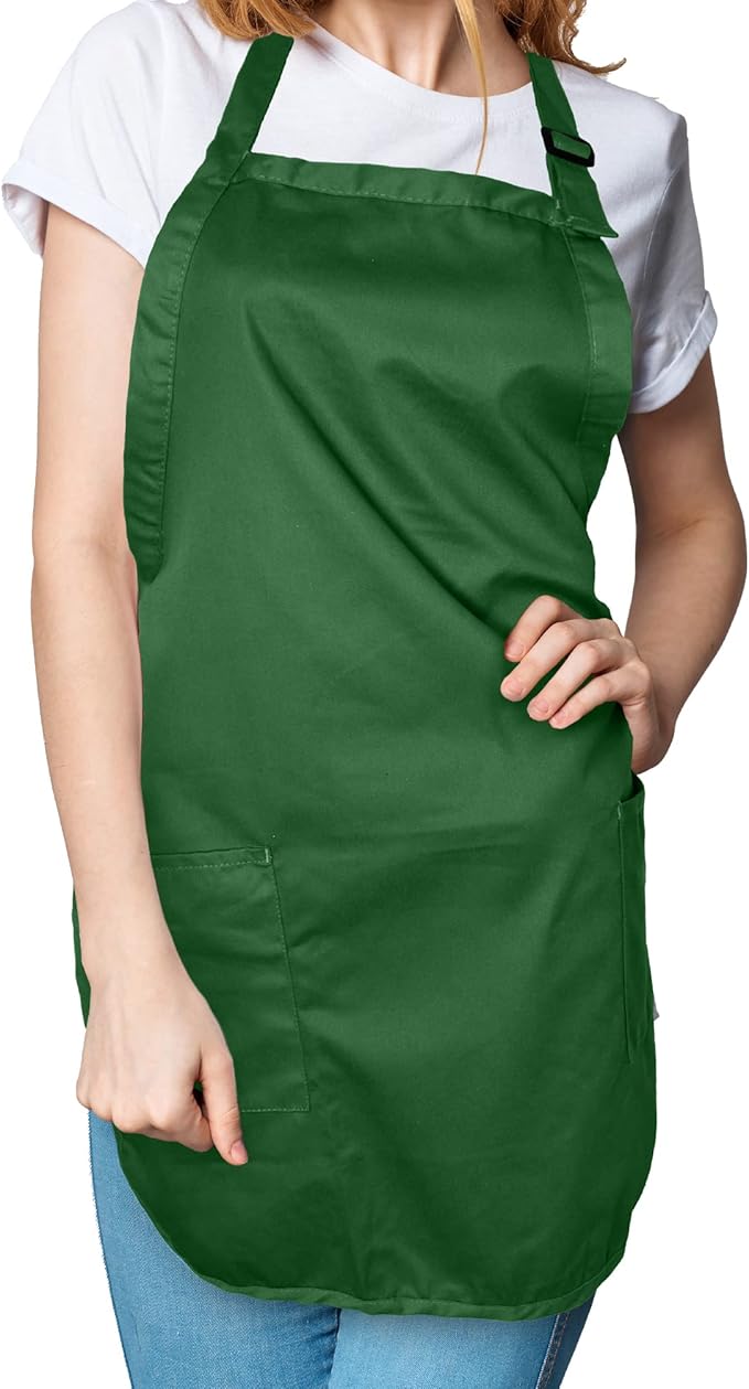 Apron Commercial Restaurant Home Bib Spun Poly Cotton Kitchen Aprons (2 Pockets) in Dark Green 2 Pack