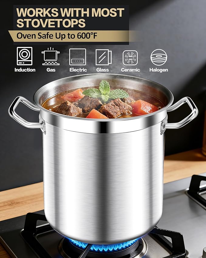 20 Quart Soup Pot with Lid – Stainless Steel Stock Pot, Heavy Duty Cooking Pot for Soup, Pasta, Stew – Induction & Oven Safe, Commercial & Home Use