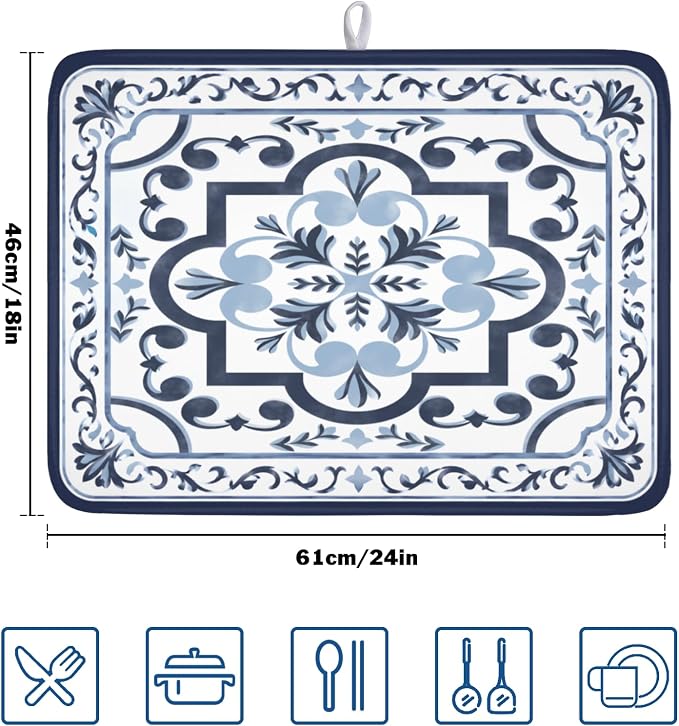 Giwawa Navy Flower Dish Drying Mat Modern Boho Microfiber Dishes Drainer Pad - Image 2