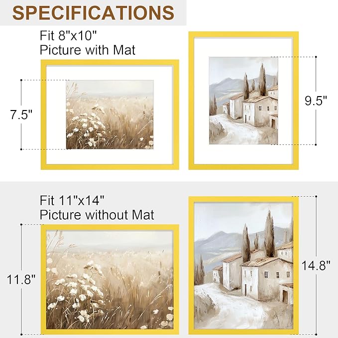 Vittanly 11x14 Picture Frame Set of 2, Solid Wood Frame for Wall Art Photo and Prints, Display Photo 8x10 with Mat or 11x14 without Mat, Yellow