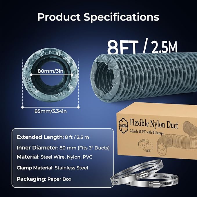 Diesel Heater Ducting 3inch 8FT, Nylon Flexible Duct Hose, Insulated Duct Vent Hose for Diesel Heater, 3D Printer, Dryer Vent, RV, Boat Blower, Ventilation Systems, Gery